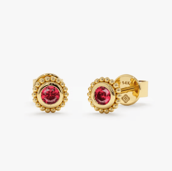 Handmade pair of 14k solid gold art deco style ruby stud earrings