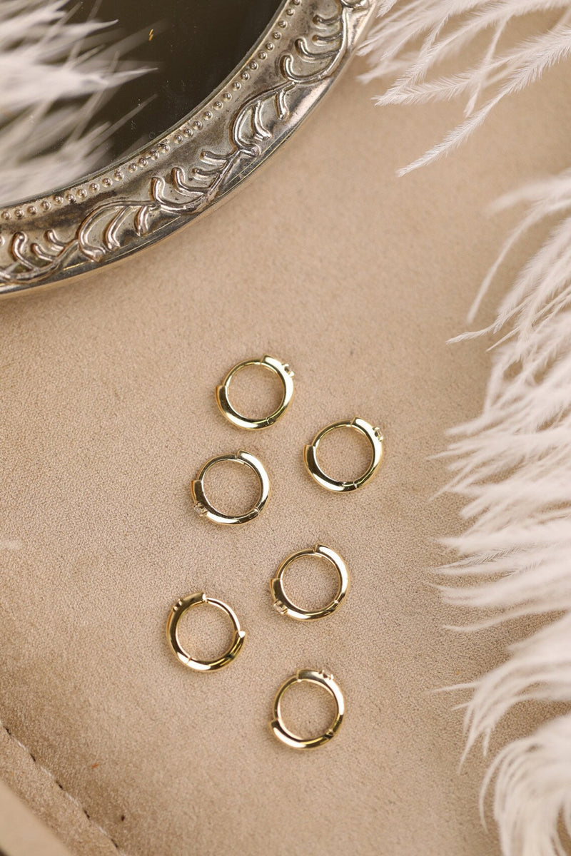 Dainty solid 14k gold hoop huggie earrings with diamond