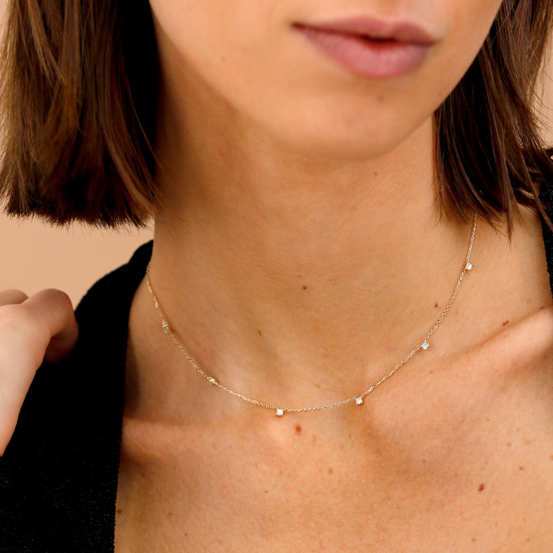 dainty handcrafted multiple diamond set necklace in solid gold for her
