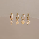 mayfly, star, heart and cherry blossom earring charms on solid gold and diamond hoops