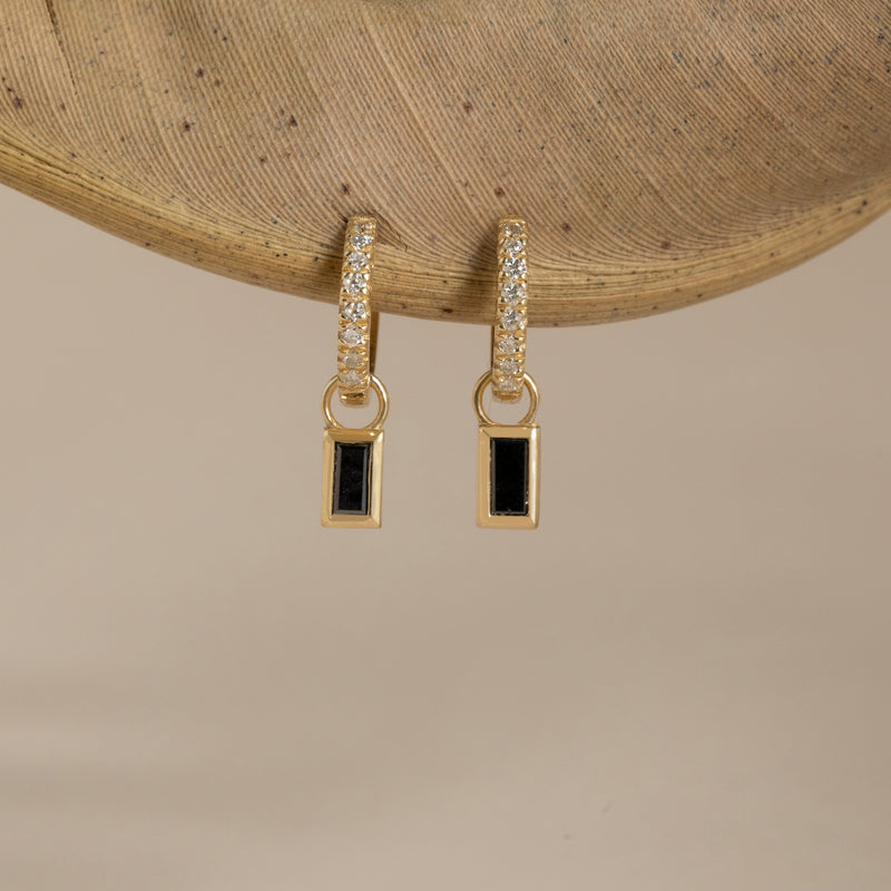 Pair of dainty black diamond charms and huggies in solid 14k gold