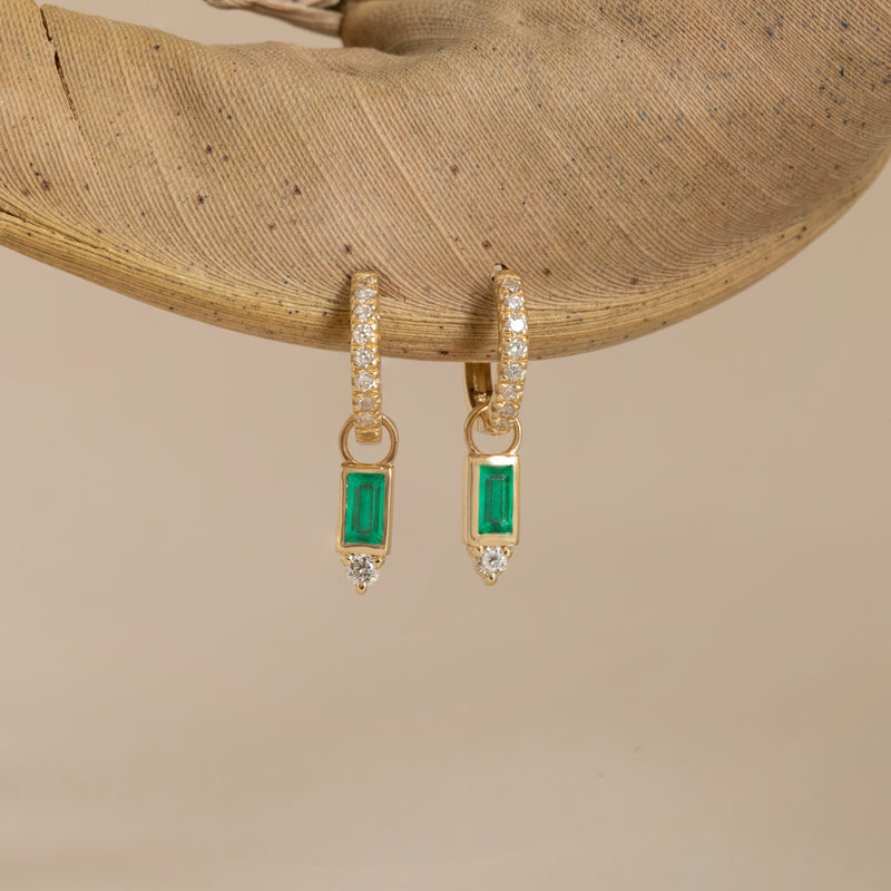 handmade diamond huggies emerald charms