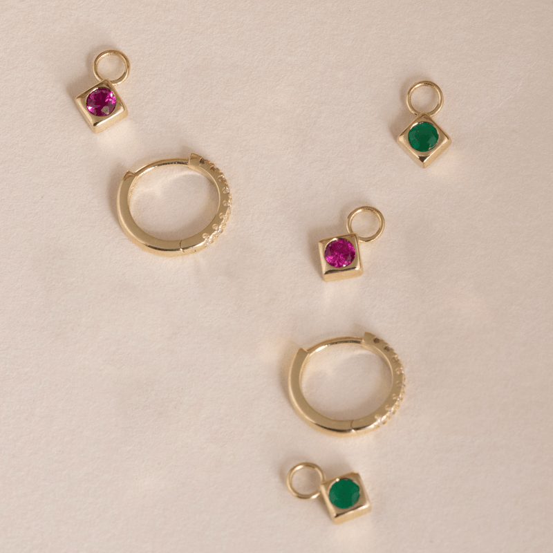 natural ruby and emerald charms and white diamond huggie hoops