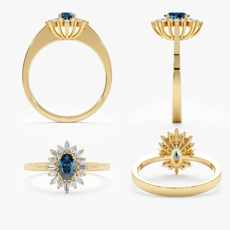 14k solid gold ring with oval london topaz and white diamonds