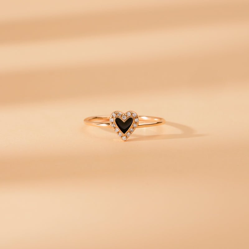 Natural Diamond & Black Enamel Gold Heart Ring, Lilliana