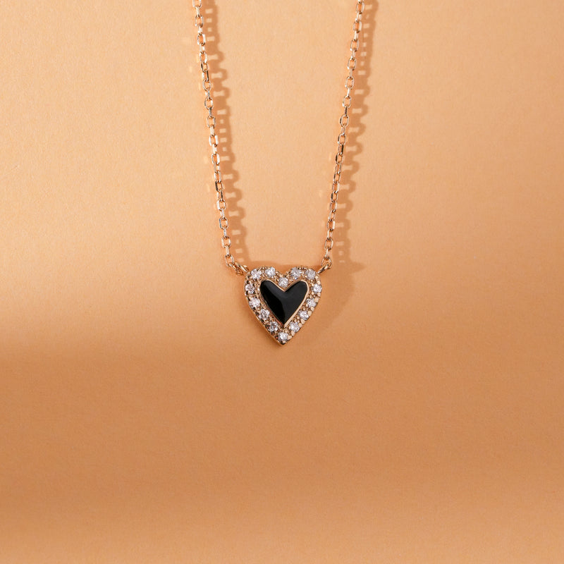 Natural Diamond & Black Enamel Heart Necklace, Lilliana
