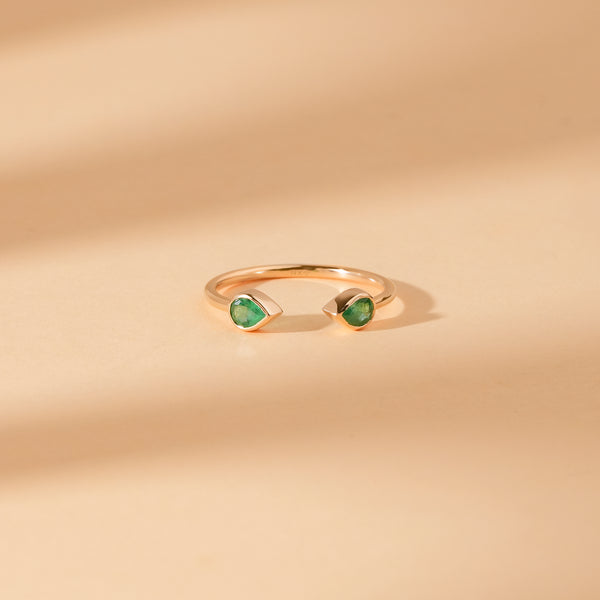 Natural Pear Shape Emerald Open Ring In Solid Gold, Gaea
