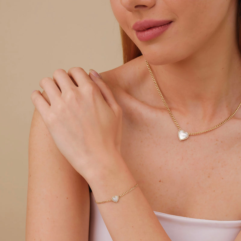 dainty pearl and diamond heart pendant and matching bracelet for her 