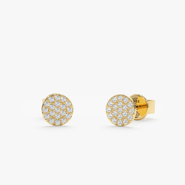 handmade pair of solid 14k gold diamond paved disc stud earrings
