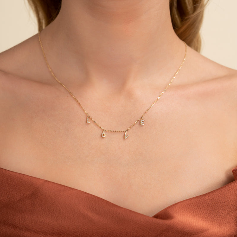 Pave Diamond solid Gold love charms letter Necklace