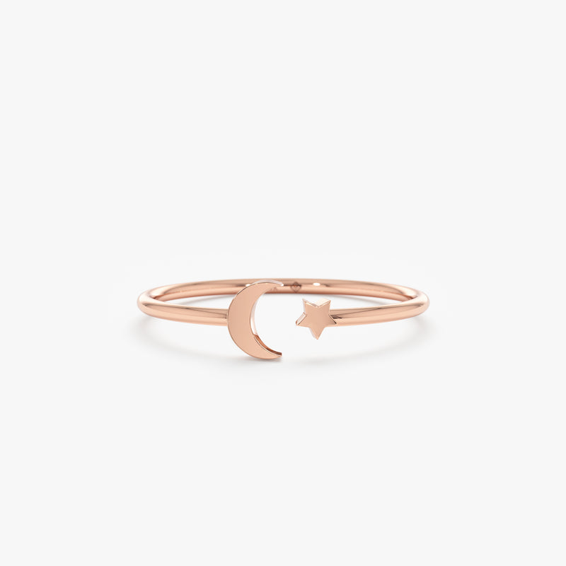 Solid Gold Moon and Star Minimalist Open Ring, Astrid