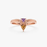 Solid gold Citrine Amethyst V Ring showcasing a modern 'Toi et Moi' design, available in 10k, 14k, or 18k gold.