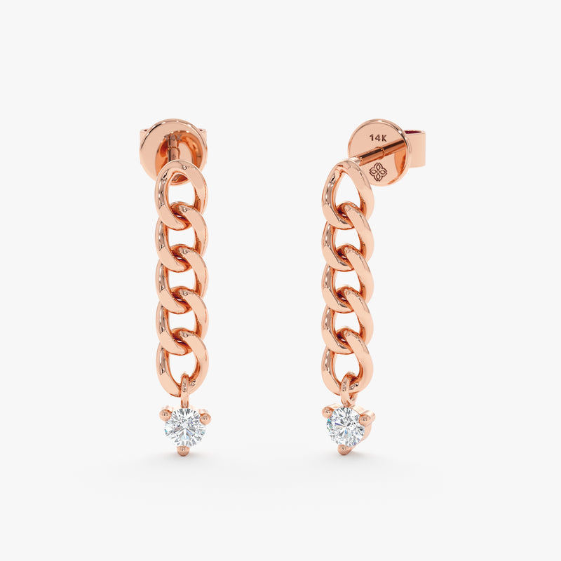 Pair of chic 14k solid rose gold hanging cuban chain stud earrings with 3 prong set diamond