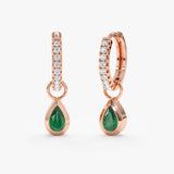 Pear shaped emerald charm huggies with lined huggies in solid 14k rose gold