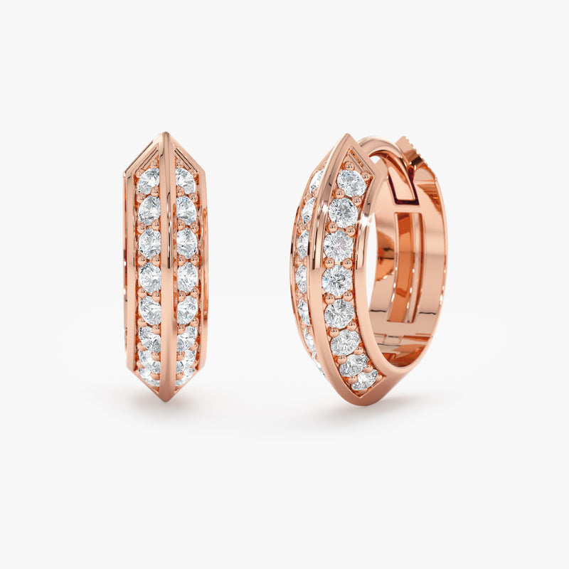 Pair of 14k solid rose gold double edge lined diamond hoop huggies