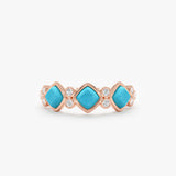 Cymbria Discover effortless sophistication with our Natural Turquoise & Lab Grown Diamond Ring. Crafted in lustrous solid gold, this exquisite band features a captivating arrangement of vibrant square natural turquoise cabochons, each meticulously bezel-s
