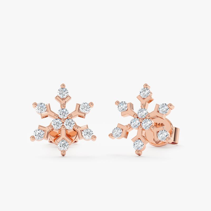 Elegant fine Diamond snowflake stud earrings in 14k rose solid gold.