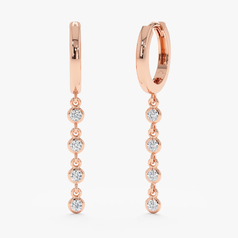 Pair of handmade 14k rose gold drop down hanging multiple diamond huggies 