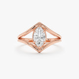 Marquise diamond split shank engagement ring in solid gold, featuring a contemporary design and brilliant center stone.