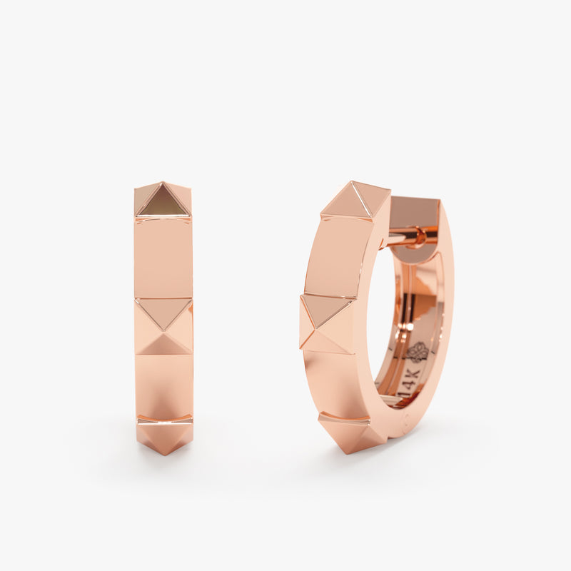 Pair of simplistic pyramid triangle round spike hoop huggies in 14k solid rose gold.
