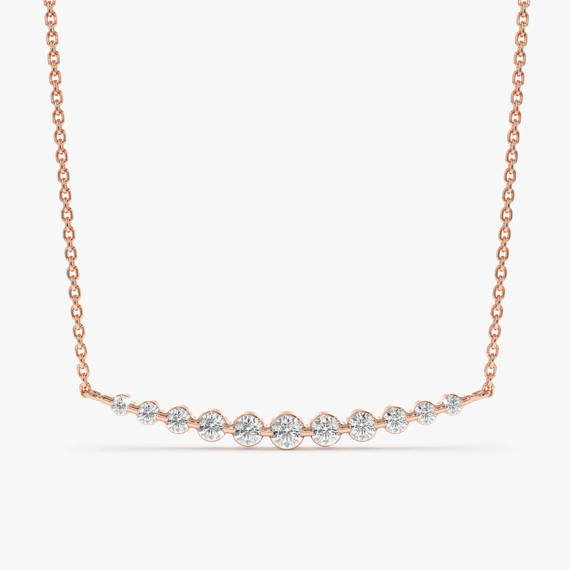 14k solid rose gold necklace with increasing size diamond bar pendant