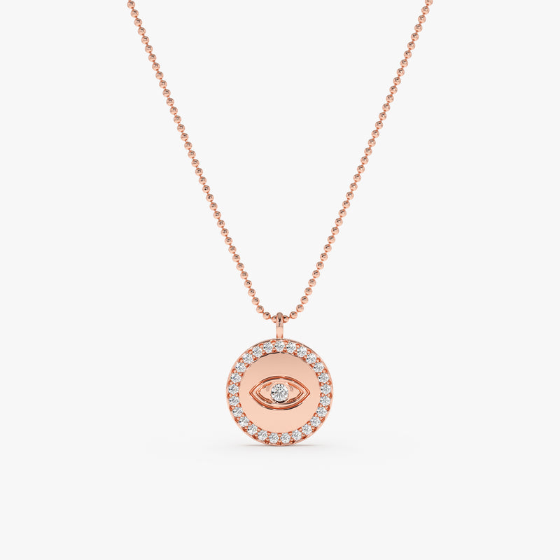handmade solid 14k rose gold eye pendant with ball chain and natural diamonds