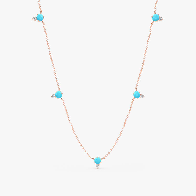 handcrafted pair of solid rose gold necklace with multiple turquoise stones and natural white diamonds station necklace