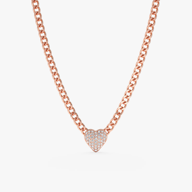 solid 14k rose gold cuban chain necklace with diamond paved puffer heart pendant