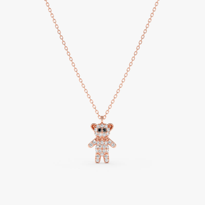 natural diamond bear pendant on rose gold necklace