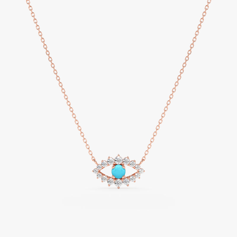 solid 14k rose gold diamond eye pendant with turquoise stone 
