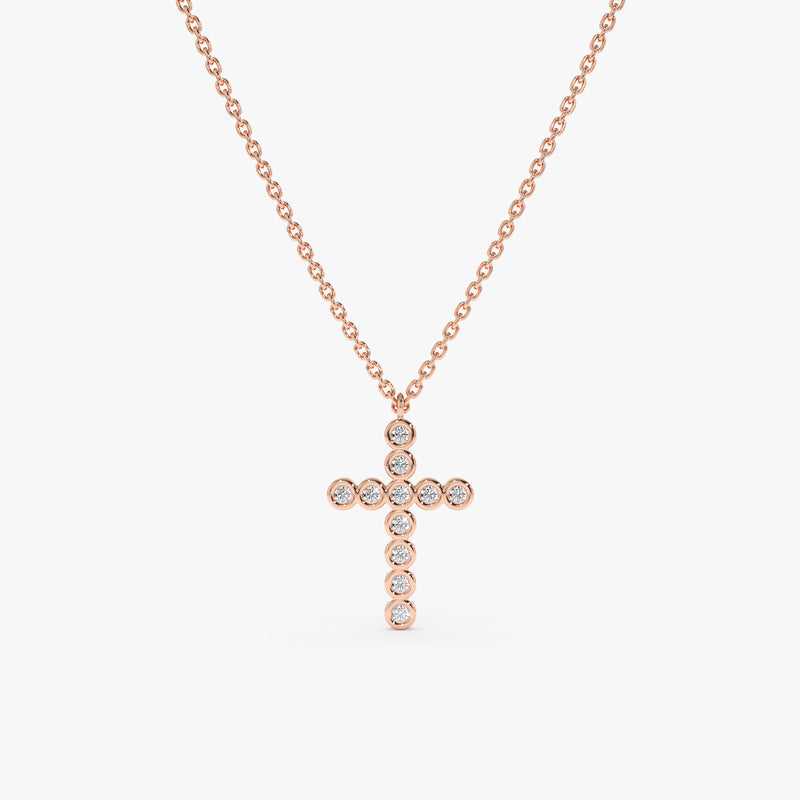 handcrafted solid 14k rose gold necklace with diamond bezel cross pendant 