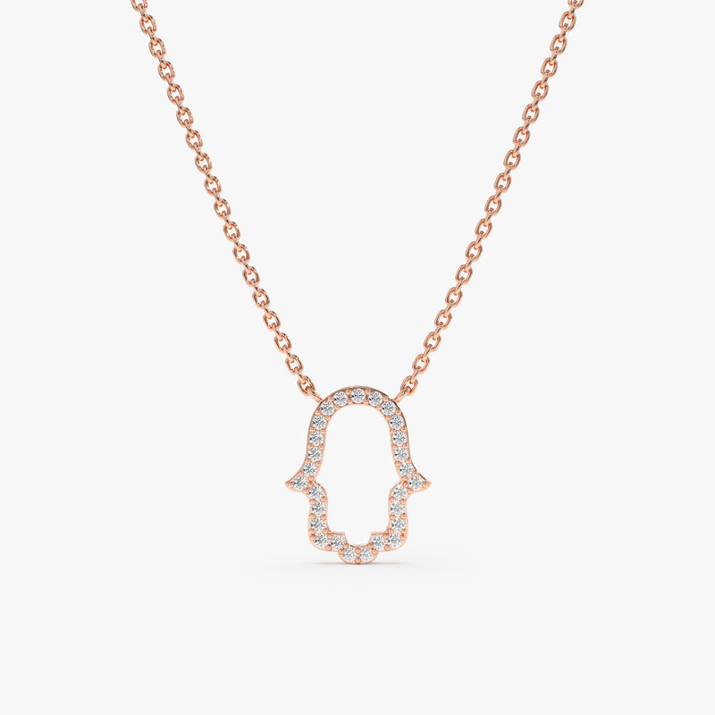 handcrafted 14k rose gold necklace with diamond hamsa hand pendant