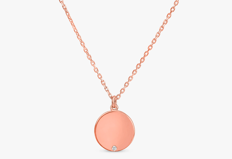 engravable rose gold disc pendant with single natural diamond