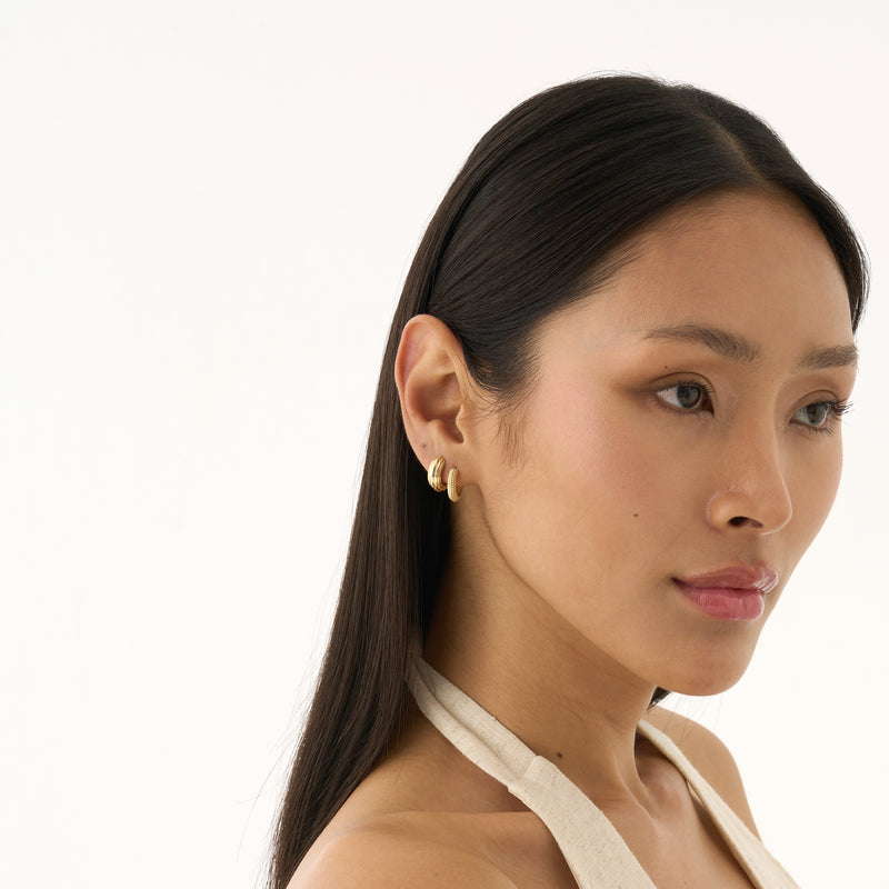 Gold Beaded Hoop Earrings, Solid Gold Textured Huggie Hoops, Dionea