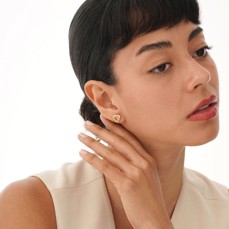 Trillion Cut Citrine Stud with Diamond Halo, Ziva
