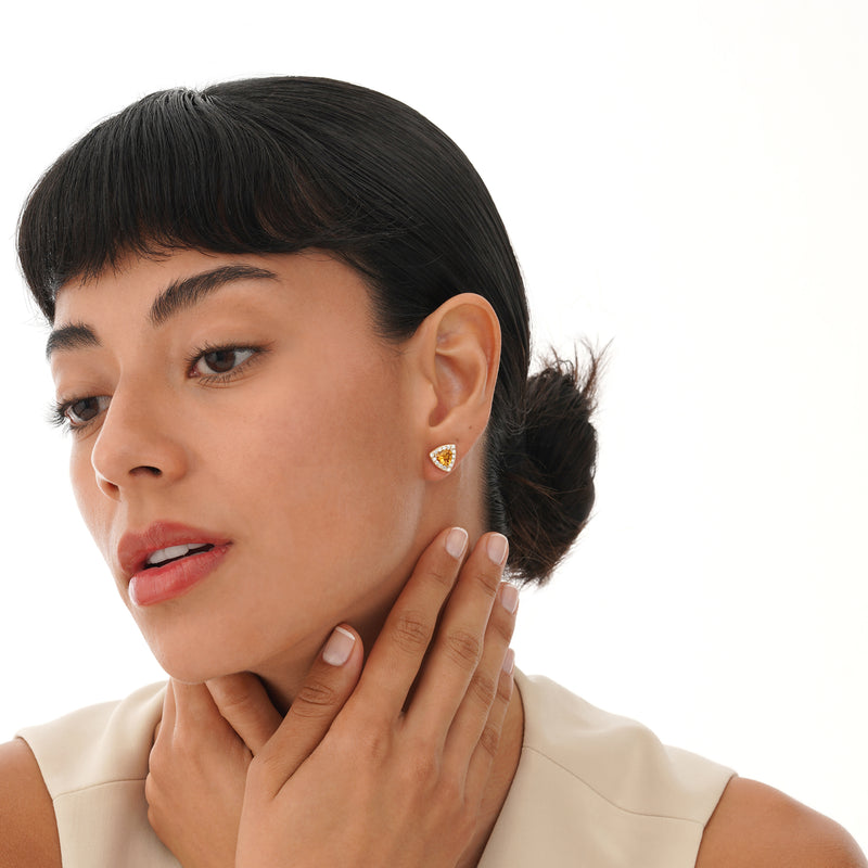 Trillion Cut Citrine Stud with Diamond Halo, Ziva