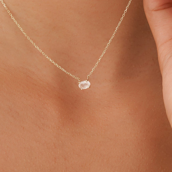 Solid Gold Rose Quartz Oval Necklace, Loa