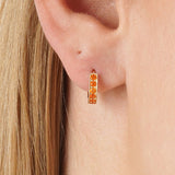 Tovi Infuse your style with the vibrant, fiery energy of our Carnelian Prong-Set Huggie Hoops. This exquisite pair is crafted in lustrous solid gold, featuring a comfortable small hoop lined with a continuous row of natural carnelian gemstones. The gems a