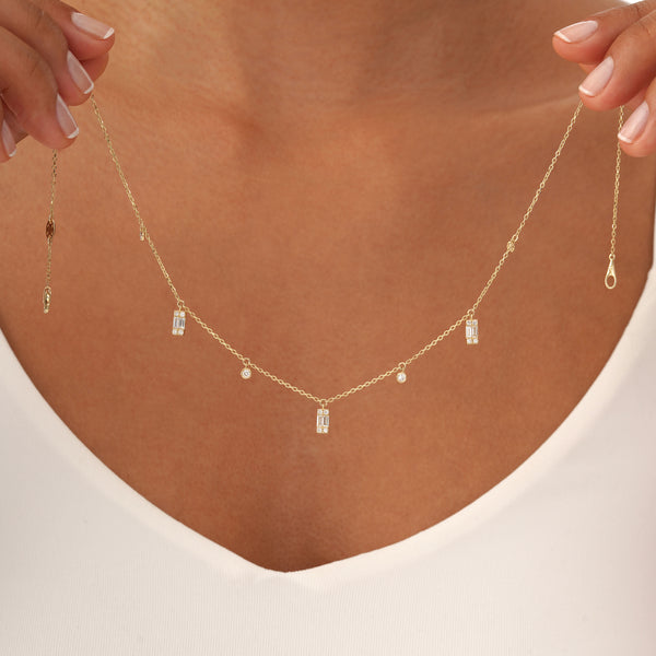 Baguette and Round Diamond Dangle Necklace, Ezri