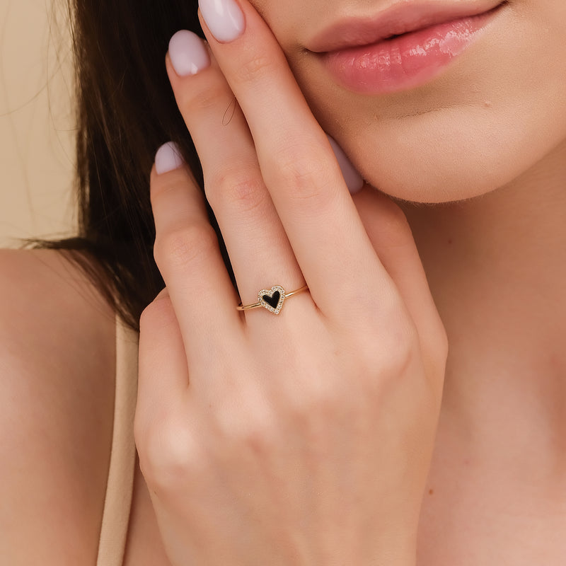 Natural Diamond & Black Enamel Gold Heart Ring, Lilliana