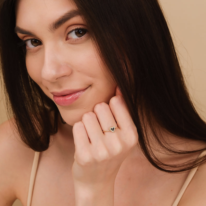Natural Diamond & Black Enamel Gold Heart Ring, Lilliana