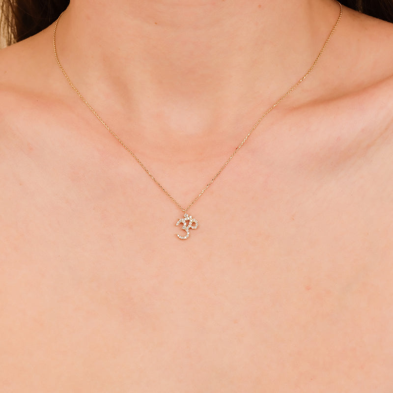 dainty aum symbol hinduism mantra diamond pendant on solid gold necklace