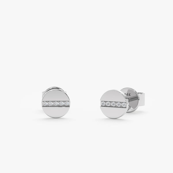 Pair of handmade 14k solid white gold flat stud earrings with lined paved diamonds
