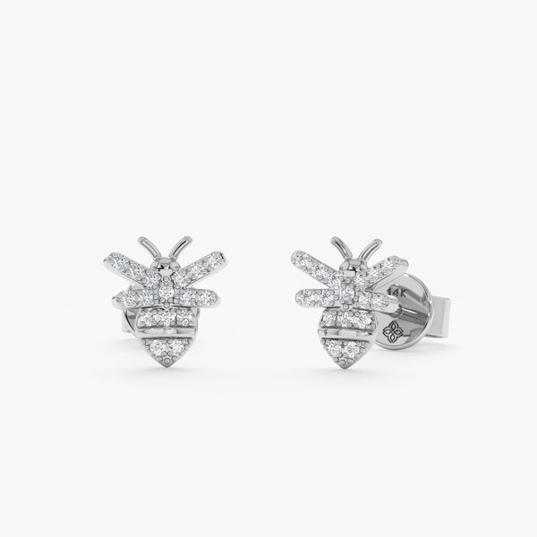 handmade pair of solid 14k white gold bumblebee stud earrings 