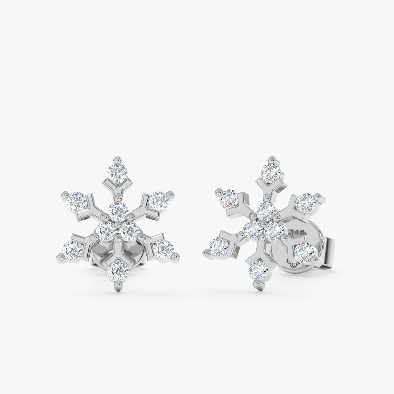 Dainty Diamond snowflake stud earrings in 14k silver white solid gold, sparkling with elegance and charm.