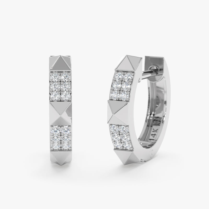 Pair of 14k solid white gold hoop earrings lined with diamonds and pyramid spike design
