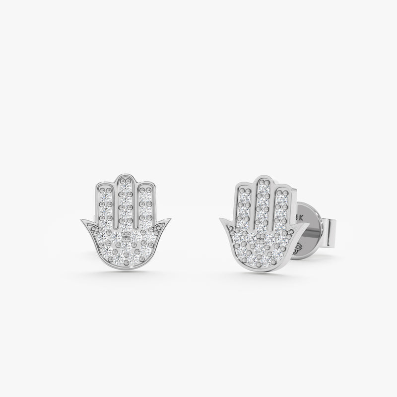 Solid Gold Natural Diamond Hamsa Stud Earrings, Heidi