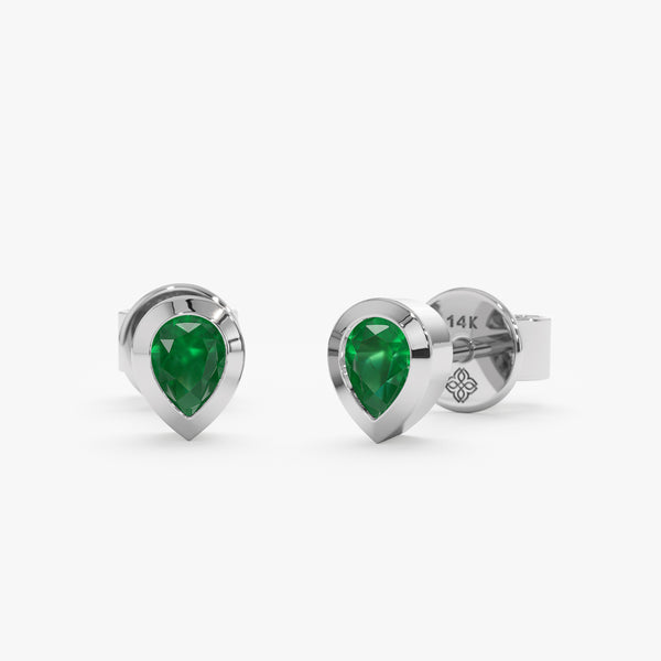 Handmade 14k solid white gold earring studs with green pear cut emerald. 