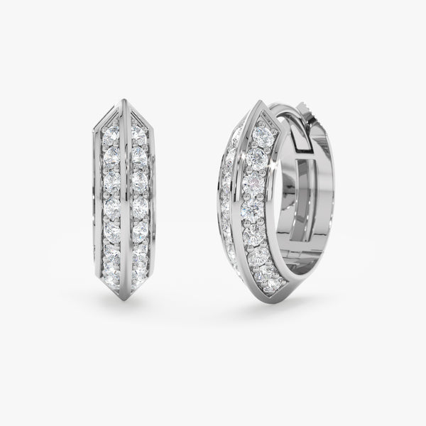 pair of double edges lined diamond huggie hoop earrings handmade in 14k solid white gold