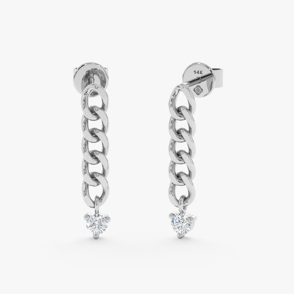 Pair of hanging cuban chain earring stud with single diamond in 3 prong set made in 14k solid white gold 